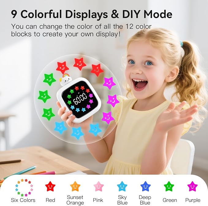 Digital Visual Timer for Kids, 99-Minute Countdown, Rechargeable | 19 Music Alarm, Pause Function, 9 Optional DIY Color Star Display, Rainbow Doll, for Study, Homeschool, Kitchen