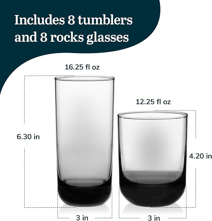 Libbey Polaris Tumbler and Rocks Glass Cups Set, Smoke Hue Mixed Drink Glasses with Straight Lines, Lead-Free, Drinkware Set of 16 for all Beverages