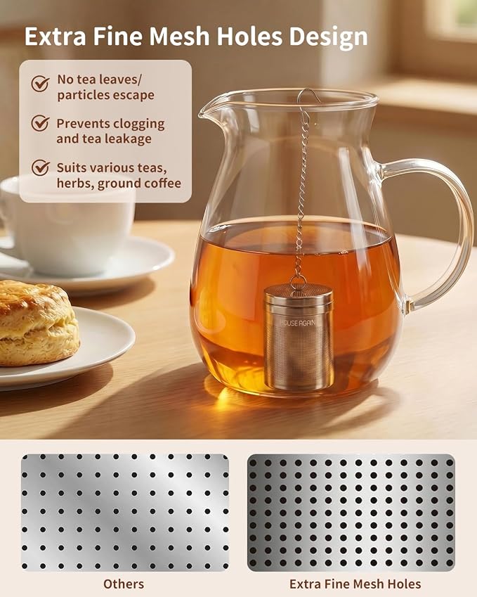 House Again 2 Pack Tea Infusers, Extra Fine Mesh Tea Strainers for Loose Tea, Updated Slim Threaded Lid & 304 Stainless Steel, Loose Leaf Tea Steeper for Brew Tea Spices & Seasonings