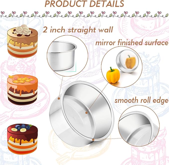 TeamFar 4 Inch Cake Pan, 6 Pcs Stainless Steel Round Baking Cake Pans Set | Layer Cake Baking Pans Set for Baking Steaming Serving, Healthy & Sturdy, Mirror Finish & Dishwasher Safe