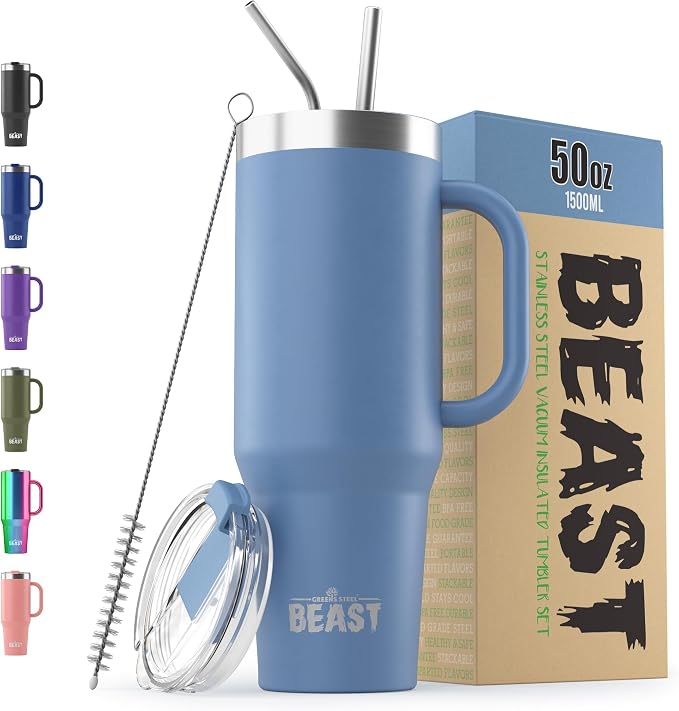 Beast 50 oz Tumbler with Handle Stainless Steel Vacuum Insulated Coffee Ice Cup Double Wall Travel Flask (Stormy Sky Blue)