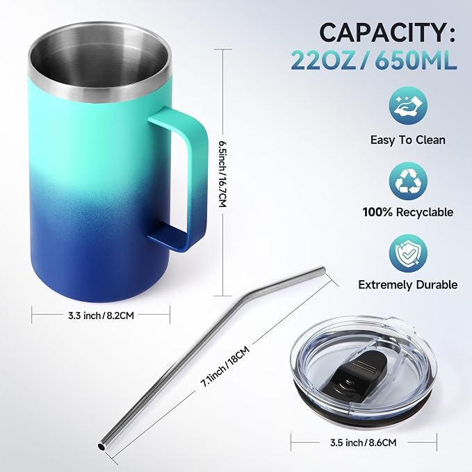 Volhoply 22oz Insulated Stainless Steel Coffee Mug with Leakproof Lid,Double Wall Vacuum Travel Coffee Cup with Handle,Reusable Metal Tumbler,Camping Mugs Keep Hot&Cold(Green Blue,1)
