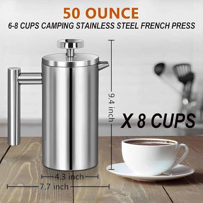 Large French Press Coffee Maker 50oz (1.5L), 304 Stainless Steel Double Wall Insulated Coffee Press for Camping, Backpacking, Party, Travel, Gift Set, Dishwasher Safe (Silver, 6-8 Cups)