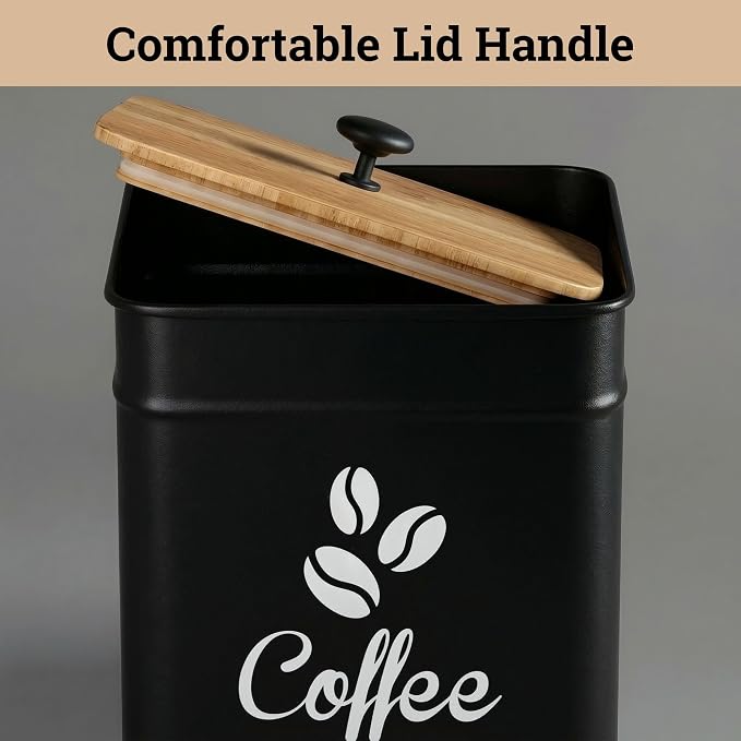 Airtight Coffee Canister 40 oz, 6"x 8" Metal Jar w/ Rubber-Lined Bamboo Lid | 40oz Large Iron, Airtight Coffee Container, Bamboo Lid, Stylish Countertop Container for Coffee Grounds, Beans, Pods & More