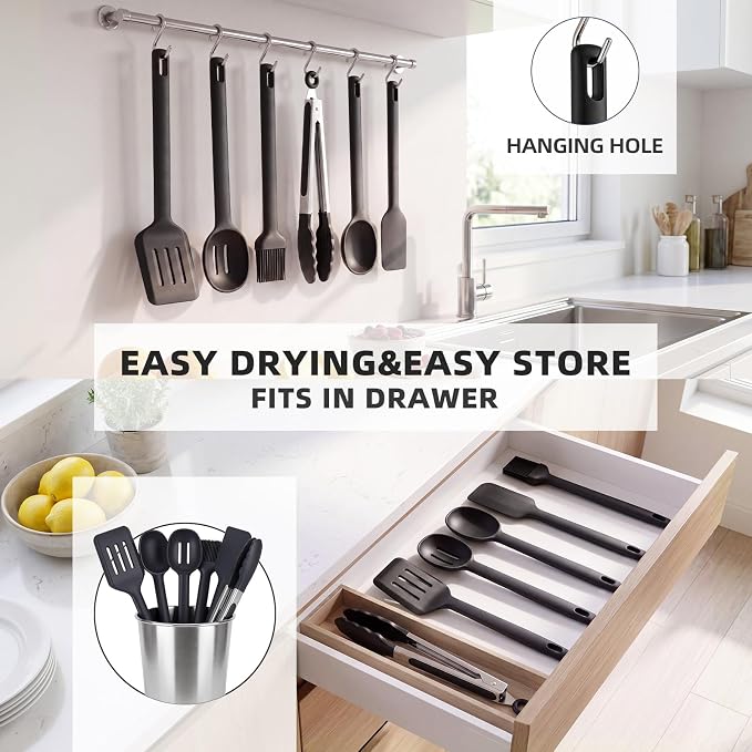 Kitchen Utensils Set 6 PCS,Silicone Cooking Utensils Set,Spatula Set,446℉ Heat Resistant Cooking Utensils,Tongs,Spoon,BPA Free Kitchen Gadgets Appliances for Non-Stick Cookware,Home Essential(Black)