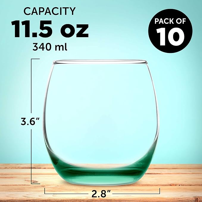 DISCOUNT PROMOS Mikonos Stemless Wine Glasses 11.5 oz. Set of 10, Bulk Pack - Restaurant Glassware, Perfect for Red Wine, White Wine, Cocktails - Green Bottom Color