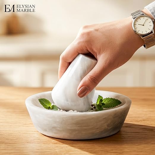 Mortar and Pestle Set, White Marble 5.5 Inch Wide Shallow Mortar with Pestle, Manual Spice Grinder for Herbs, Garlic, Ginger, Pesto, Guacamole, Salsa and Fresh Seasoning