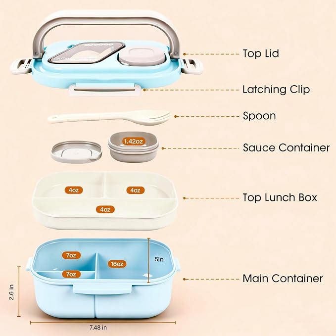 Blue Bento Box with Bag, 2-Tier Stackable with Utensils & Sauce Box | 3 compartments prevent food mixing,Portable sauce pod included,Microwave safe,BPA-free, for adults, kid, work, travel,pinic