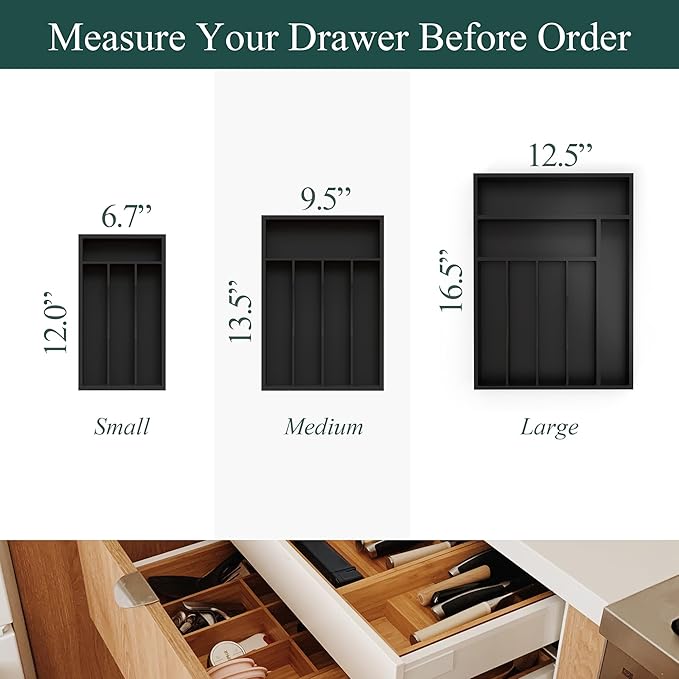 Bamboo Kitchen Sliverware Drawer Organizer (Black, 9.5''W x 13.5''D) | Cutlery Storage Tray with grooved dividers, Multi-purpose flatware storage tray, Utensil holder for folks/spoons/tableware