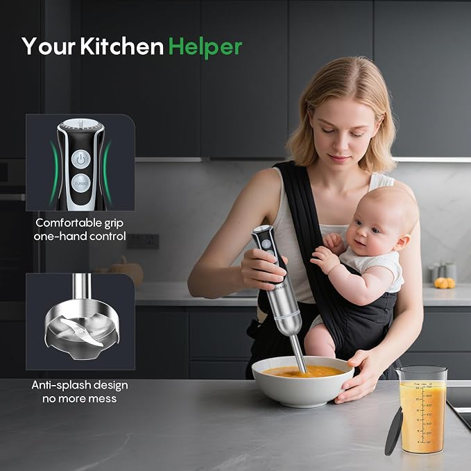 Immersion Blender Handheld, 2-In-1 Hand Blender with 12-Speeds & Turbo Mode | 500W Emulsion Blender, 24oz Beaker, Stainless Steel Blade，Stick Mixer for Baby Food, Smoothies, Soups & Sauces