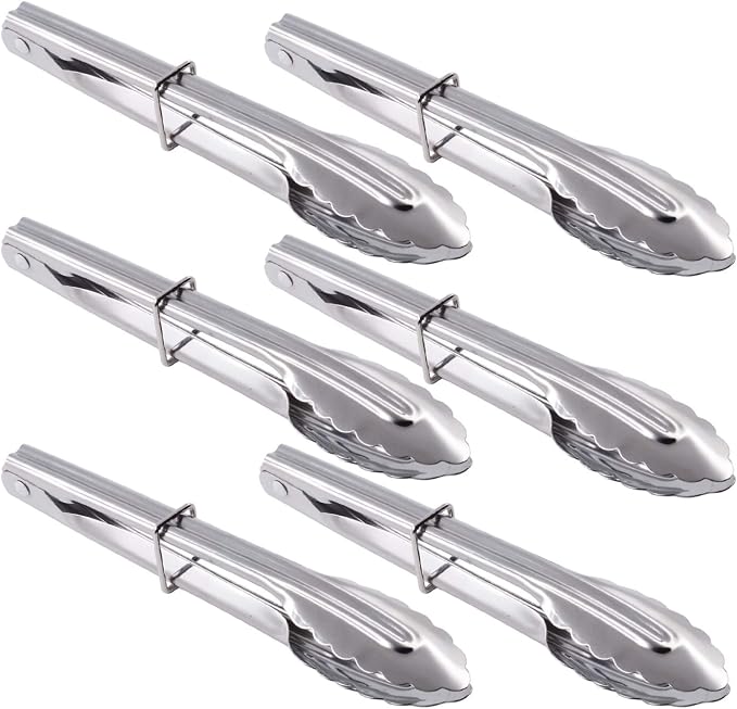 HINMAY Mini Stainless Steel Food Tongs with Silding Rings 7-Inch, Set of 6 | Small Clam Shell Service Tongs for Serving Appetizers, Desserts, Salads, Barbecue and Cooking (Silver)