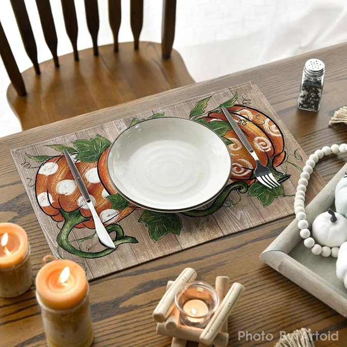 Artoid Mode Wood Polka Dot Pumpkins Fall Placemats Set of 6-12 x 18 Inch | Heat-Resistant Table Mats, Washable Seasonal Autumn Kitchen Dining Decor