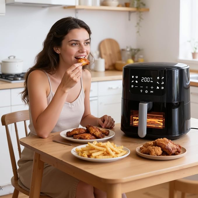 Qido Air Fryer, 5.28 QT Square Airfryer with Visual Window, 400°F Fast Heating Air Fryers Oven with One-Touch Presets, Auto-Off, Dishwasher-Safe Nonstick Basket, Multiple 8 in 1 Function, Light Black