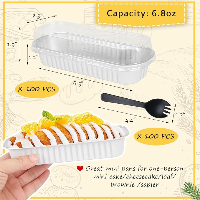 LNYZQUS Mini Loaf Cake Pans with Lids 100 Pack, Small Foil Baking Tins | 6.8oz Rectangle, White, Disposable Aluminum Cake Cups, Individual Dessert Containers for Wedding, Bake Sales
