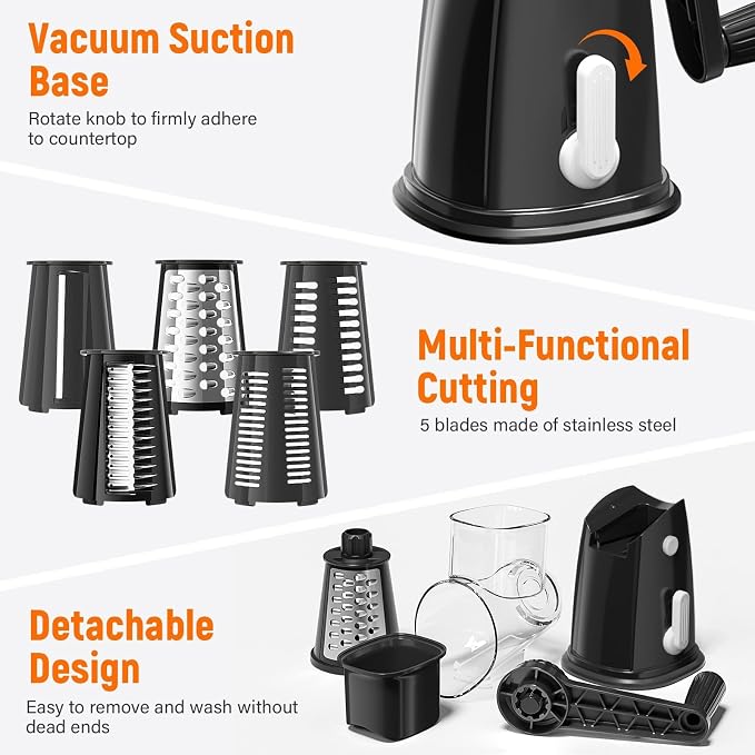 Rotary Cheese Grater Hand Crank, 5-in-1 Vegetable Chopper Spiralizer Slicer | Shredder with 5 Interchangeable Blades for Vegetable, Cheese, Fruit, with Blades Storage Box & Stable Suction Base (Black)