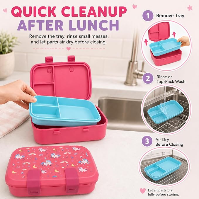 MISS BIG Bento Lunch Box for Kids, Pink Unicorn, 3 Compartments, 800ml | Kids lunch box for preschool, daycare, kindergarten, school meals, snacks, and everyday kid portions