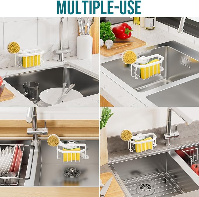 TAILI White Sponge Holder for Kitchen Sink with Strong Suction Cup | Dish Sponge Caddy Inside Sink Removable, Rustproof Aluminum for Sponges, Brushes, Stoppers and Scrapers