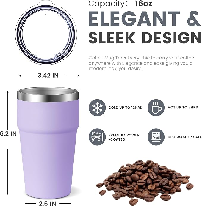 MEWAY 16oz Tumbler Double Wall Vacuum Insulated Travel Mug Bulk, Stainless Steel Tumblers with Lid, Powder Coated Coffee Cups for Cold & Hot Drinks (Lavender,6 Pack)