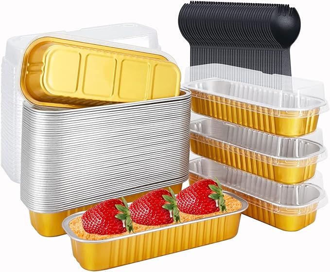 LNYZQUS Mini Loaf Cake Pans with Lids 50 Pack, 6.8oz Foil Baking Tins | Rectangle, Gold, Disposable Aluminum Dessert Cups, Individual Take-out Containers for Bake Sale Treats