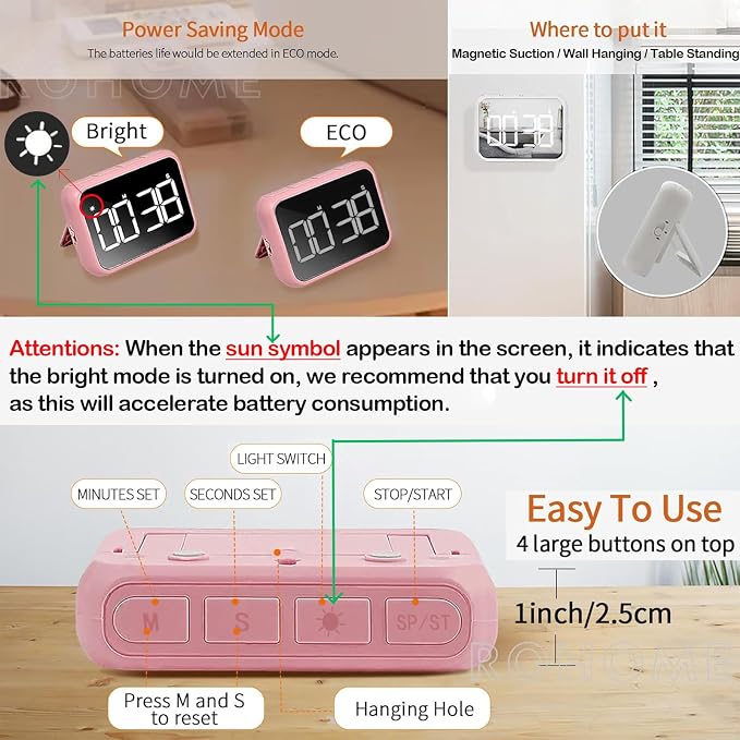 Digital Large Display Visual Timer Stopwatch for Kitchen Teacher School Classroom Cooking, Night Light Magnetic Bathroom Makeup Mirror LED Stop Clock Timer, 99 Minutes Countdown, Loud/Silent (White)