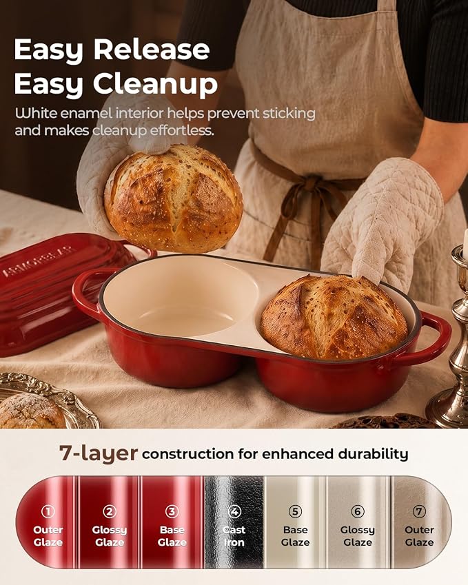 Mini Double Dutch Oven for Sourdough, Enameled Cast Iron Bread Pan, Red | Double Loaf Bread Pan with Lid, Mini Sourdough Dutch Oven for Bread Baking