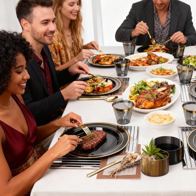 600PCS Black Gold Plastic Plates, Disposable Dinnerware Set for Party | 100 Guest, 100 Dinner & Dessert Plates, Forks, Spoons, Knives, Cups, for Birthday, Graduation, Retirement & Wedding