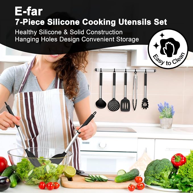 E-far Silicone Cooking Utensils Set, 7-Piece Black Kitchen Utensils Set | Heat Resistant Nonstick Cookware with Stainless Steel Handle, Slotted Turner, Spoon, Soup Ladle, Pasta Server, Skimmer, Tongs