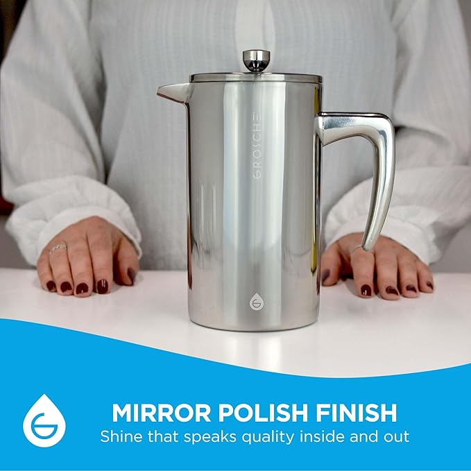 GROSCHE Dublin Double Wall Stainless Steel French Press, 8 Cup, 34 oz | Fine-Mesh Filter Reduces Grit, Insulated Body Retains Heat, Dishwasher-Safe Parts Simplify Cleanup for Daily Hot or Cold Brew