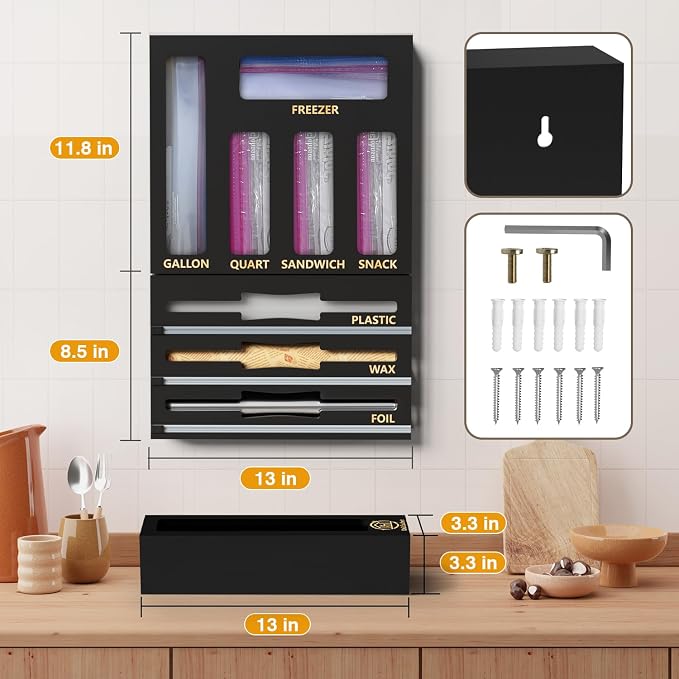 DALSHABET 9 IN1 Bamboo Storage Bag Drawer Organizer with Cutter, Foil and Plastic Wrap Dispenser for Kitchen Storage Compatible with All Brands Gallon, Quart, Sandwich & Snack Size Bags - Black