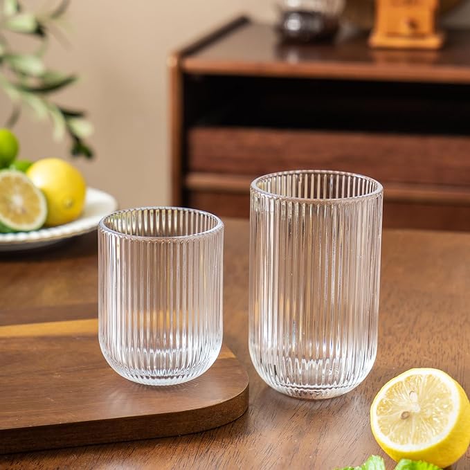 Ribbed Drinking Glasses 12pcs, Rocks Drinking Glasses 12oz and 10oz, Tumbler Glasses Cup Set for Wedding, Party, Christmas Gift, Clear