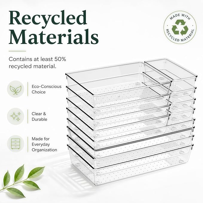 12 Pack Large Drawer Organizer Bins - Clear Plastic Bathroom Drawer Organizer Trays - Heavy Duty Kitchen Drawer Dividers for Utensils - Non-Slip Storage Bins for Makeup, Bedroom, Office Desk
