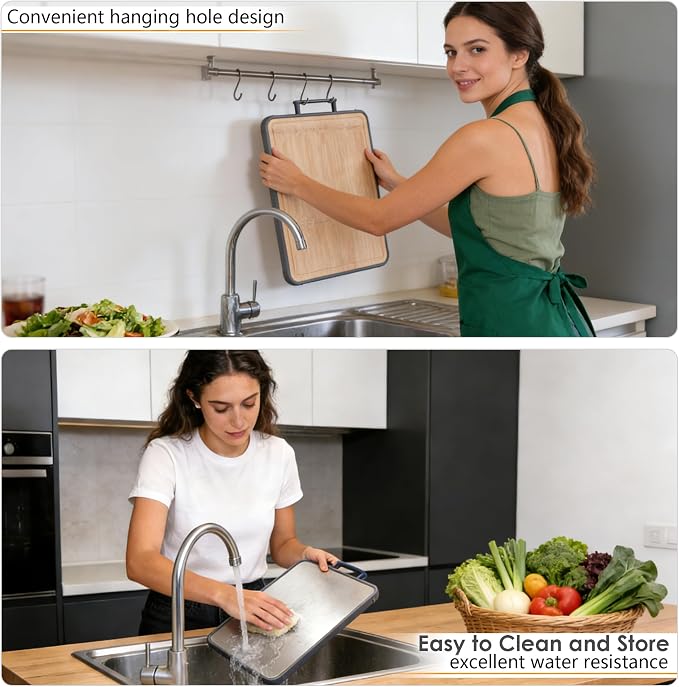 Stainless Steel Cutting Boards for Kitchen, 16"x12" Bamboo Cutting Board Double Sided Food Grade, Pure Titanium/Bamboo Kitchen Gadgets Chopping Board