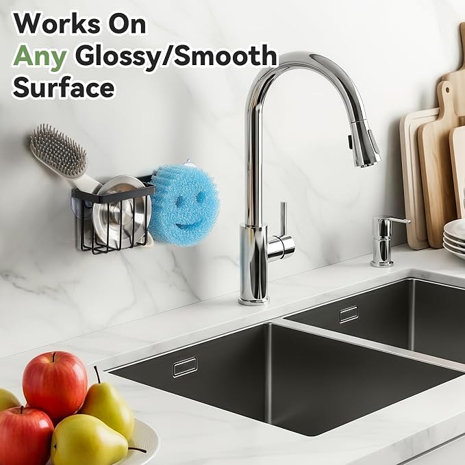 LANDNEOO [Space Saving] Sponge Holder for Kitchen Sink, Great for Scrub Daddy/Scrub Mommy Sponges, Rust-proof Sink Sponge Caddy Organizer for Dish Brush, Scrubber - with Suction Cups & Hooks, Black