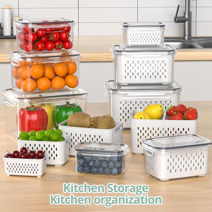 Fruit Storage Containers for Fridge with Removable Colander, 8 Pack Fruit Containers for Fridge with 2 Function Divider Plate, Airtight Storage Container to Keep Berry Fruit Fresh, Dishwasher Safe
