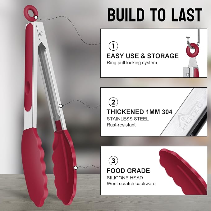 HOTEC Premium Stainless Steel Locking Kitchen Tongs with Silicon Tips, Set of 3-7", 9" and 12" (Red)