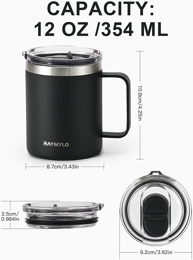 RAYMYLO Insulated Travel Coffee Mug with Handle, Coffee Tumbler Cup 12oz | Detachable Lid for Thoroughly Clean, Thermal Cup with Double-Wall Stainless Steel Vacuum Insulation, Spill Proof & BPA Free