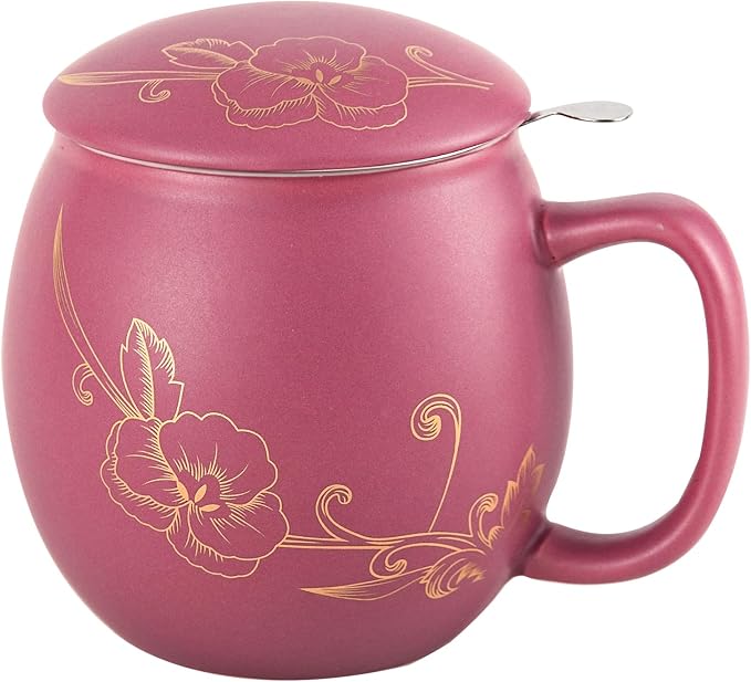 Yundu 12 OZ Ceramic Mug with Lid & Tea Strainer - Matte Purple Tea Cup with Golden Flower, Stainless Steel Infuser for Loose Leaf Tea