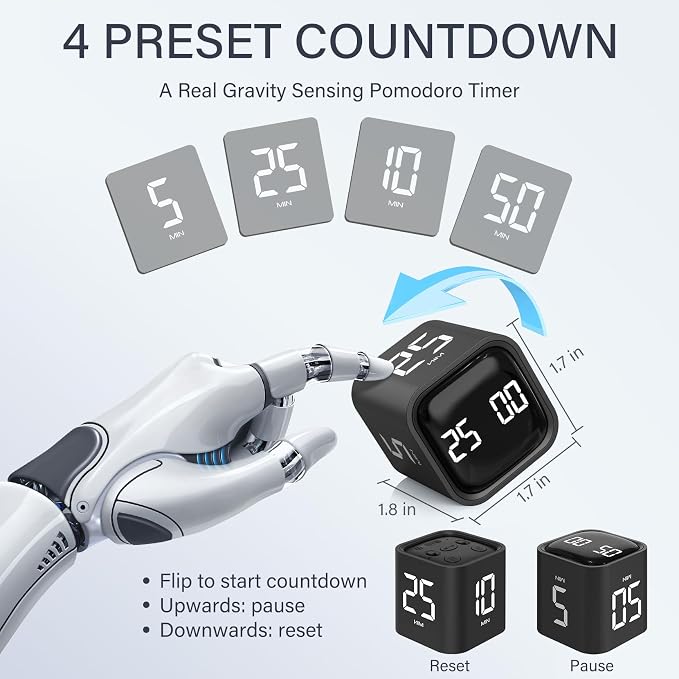 Rotating Pomodoro Timer 5/25/10/50, Desk Productivity Flip Timer, ADHD Tool | Countdown/Stopwatch Cube Timer, Vibration/High/Low Volume/Custom Modes, for Work Study, Back to School, Kitchen