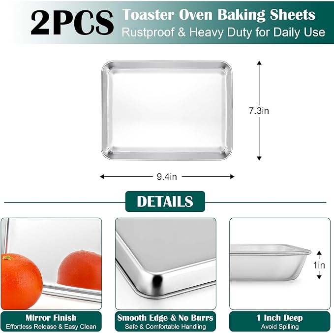 E-far 1/8 Baking Sheet with Wire Rack, Stainless Steel 2 Pans + 2 Racks | 9.4 x 7.3 Inch Cookie Sheets Trays & Cooling Rack for Toaster Oven, Non Toxic & Warp Resistant, Oven & Dishwasher Safe