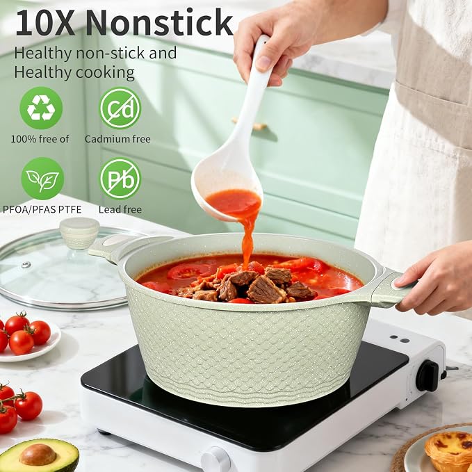 Nonstick Stock Pot with Lid 6.6QT, Large Soup Pot & Pasta Pot - Healthy Non-Toxic Granite Coating 100% PFOA/PFAS Free-Induction Compatible All Stoves - Cool-Touch Handles