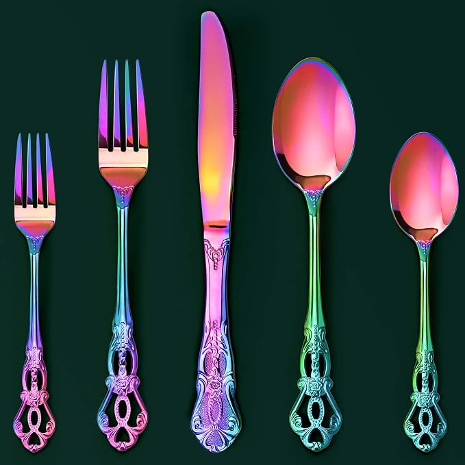 Silverware Set, 30 Pieces Retro Royal Silverware Set for 6, Baroque-style Stainless Steel Flatware Set Including Fork Spoon and Knife, Dishwasher Safe, Rainbow