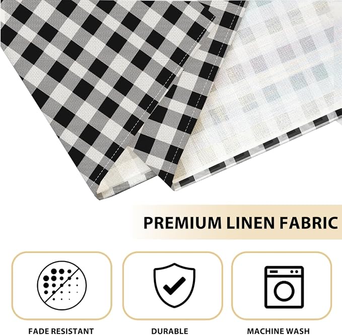 Black and White Placemats Set of 4, Buffalo Plaid Linen Placemats | Washable Heat Resistant Wipeable Table Mats for Outdoor Home Party Kitchen Dining Table, Black and White Linen Place mats