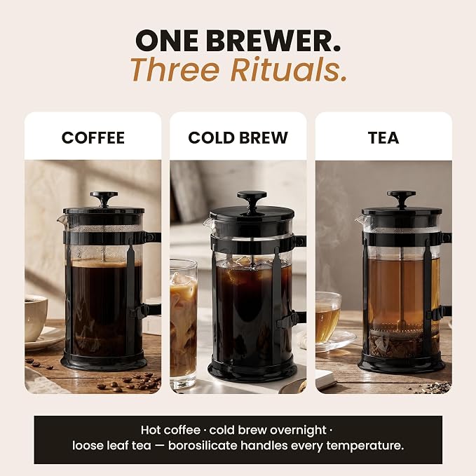 EzDtach French Press Coffee Maker 34oz Black – Borosilicate Glass Pot | 304 Grade Stainless Steel French Press, Double Filter and 2 Extra Screens for Rich, Full-Bodied Flavor at Home or Office