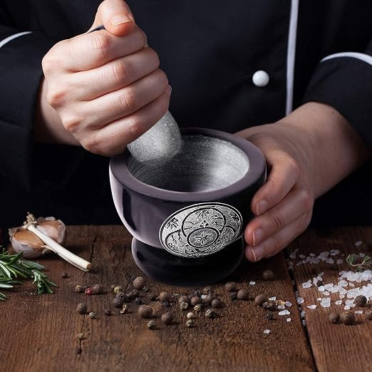 Mortar and Pestle, Made of Heavy Duty Polished Hard Stone, Natural Stone Grinder for Spices, Pastes, Herbs, Seasoning etc. (Black with Engraving)