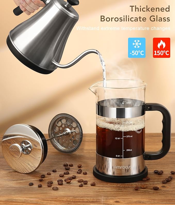 AMFOCUS French Press Coffee Maker, 21OZ, Borosilicate Glass Coffee Press | Thickened Glass Cold Brewer, 4-Level Filtration,Coffee Tea Pot for Kitchen Camping Travel Gifts