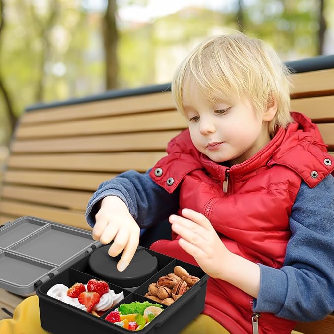 Aimsnk Kids Lunch Box with Thermo Insulated Lunch Bag for School, Black | Kids Bento Lunch Box with 8oz Food Jar, Leak Proof Hot Soup Lunch Containers with 4 Compartment, Warm Lunchbox for Toddler