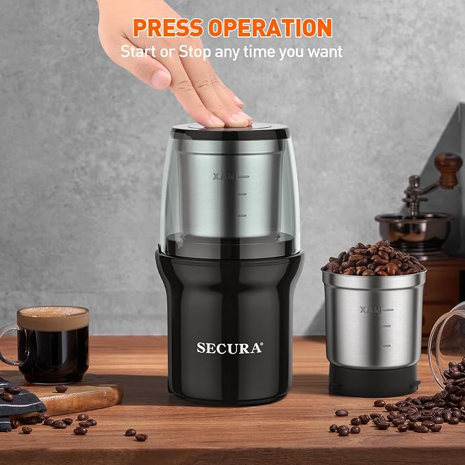 Secura Electric Coffee Grinder and Spice Grinder with Stainless Steel Blades, 2 Removable Bowls, Black