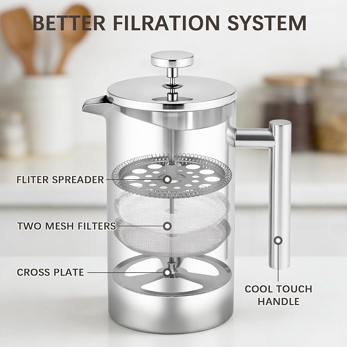 French Press Coffee Maker, 304 Grade Stainless Steel French Press with 2 Extra Filters for Home, Office, Travel, Camping - 34OZ/1 Litre (Sliver)