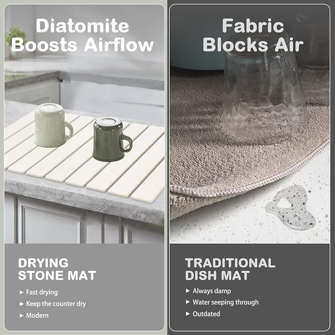 Large Stone Dish Drying Mat for Kitchen Counter, Quick Dry Dish Drying Mats, Foldable Absorbent Diatomaceous Earth Mats for Plate Rack Bottles Cups, Match Any Countertop (White 24"×16" & 8"x4")