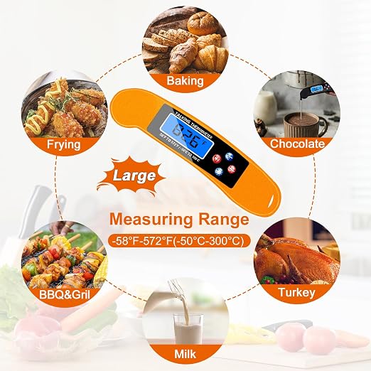 Digital Talking Thermometer for The Blind, Orange Waterproof Instant Read Food Thermometer with Talking Function and Backlight, Meat Thermometer with Probe for Cooking and Grilling, and More